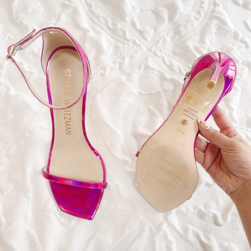 Stuart Weitzman Pink Iridescent Ankle-Strap Stiletto Sandals - Picture 10 of 10